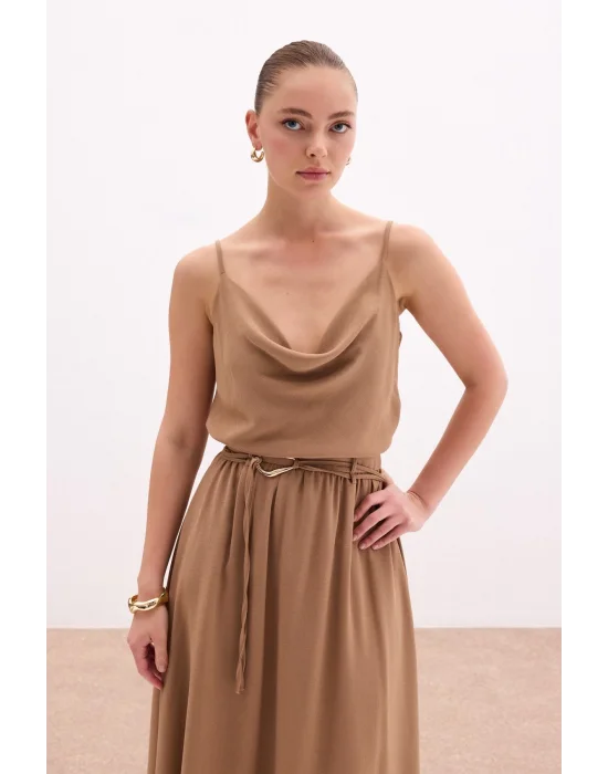 Degaje Yaka Dökümlü Bluz - Vizon