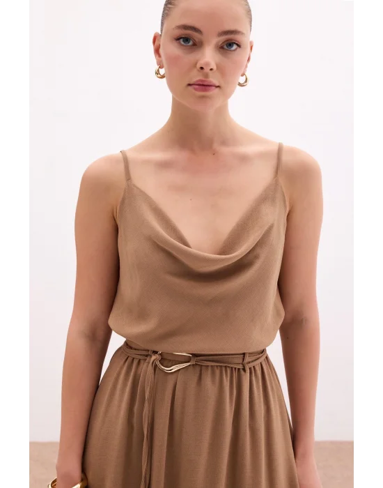 Degaje Yaka Dökümlü Bluz - Vizon