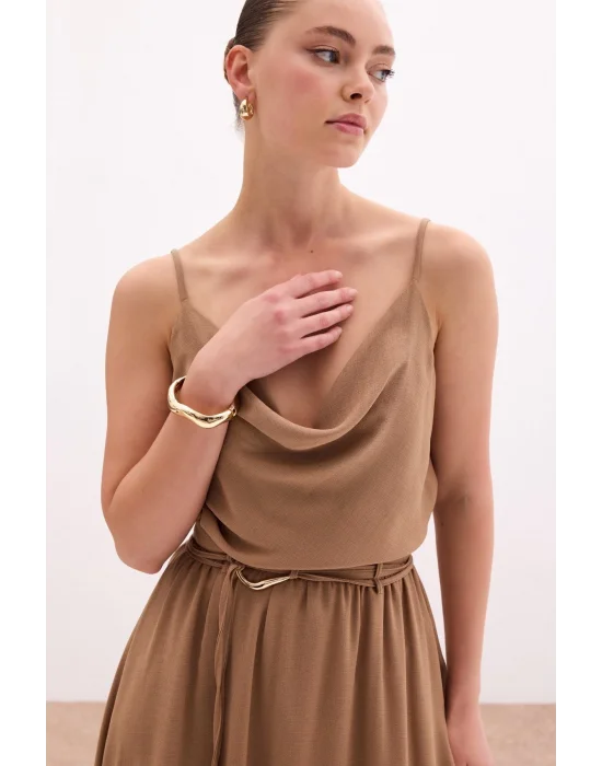 Degaje Yaka Dökümlü Bluz - Vizon