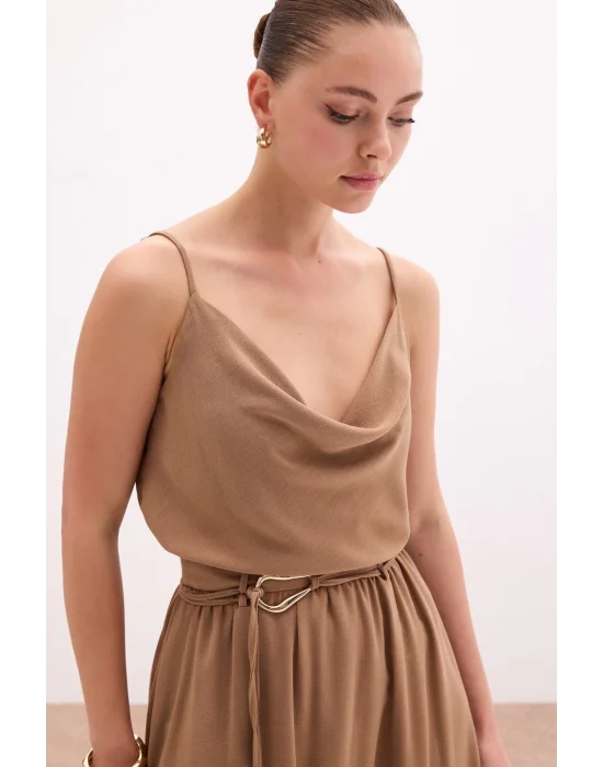 Degaje Yaka Dökümlü Bluz - Vizon