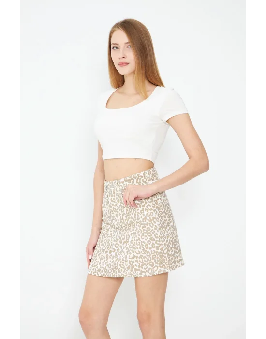 Desenli Mini Kot Etek