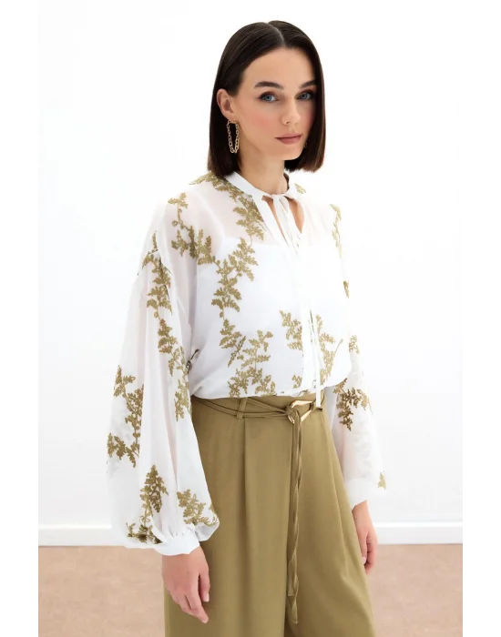 Nakışlı Şifon Gömlek - Haki