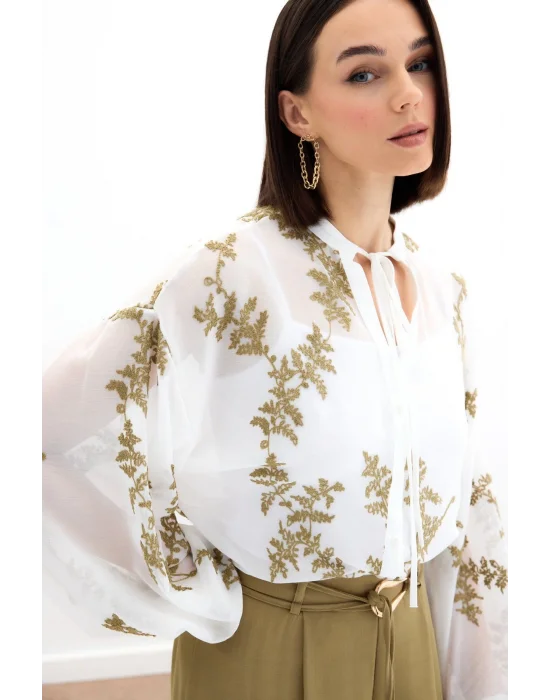 Nakışlı Şifon Gömlek - Haki