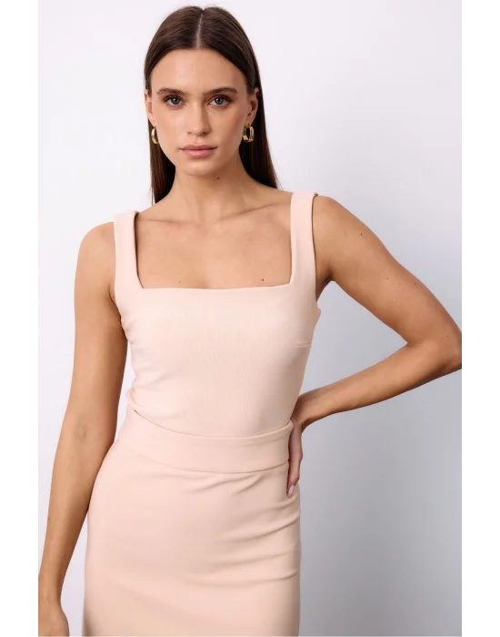 Kare Yaka Crop Bluz - Bej