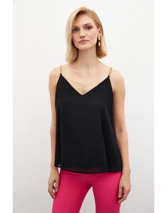 Zincir Askılı Salaş Bluz - Siyah