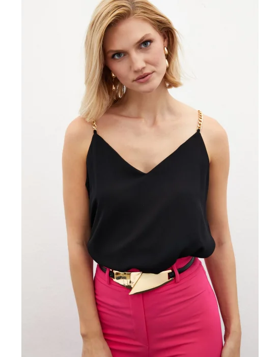 Zincir Askılı Salaş Bluz - Siyah