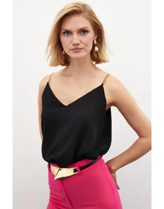 Zincir Askılı Salaş Bluz - Siyah