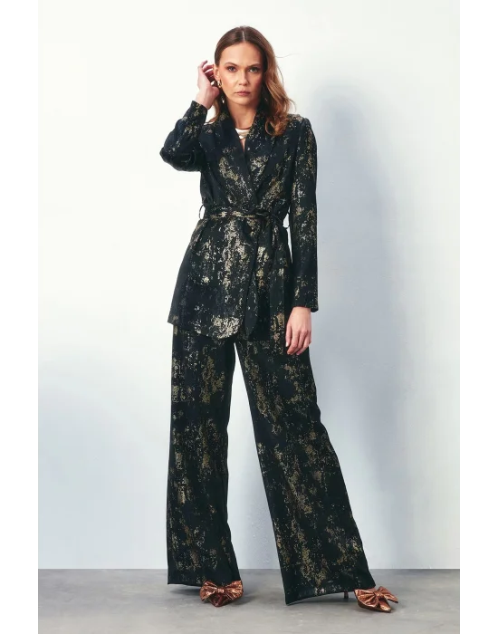 Parlak Desenli Salaş Pantolon - SİYAH