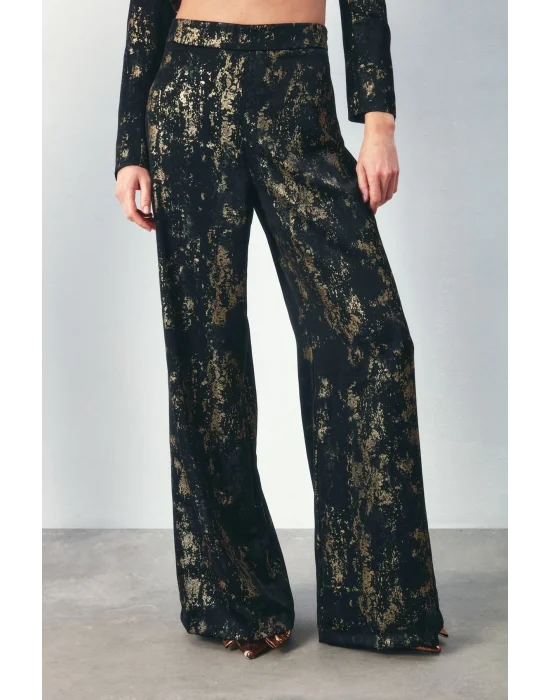 Parlak Desenli Salaş Pantolon - SİYAH