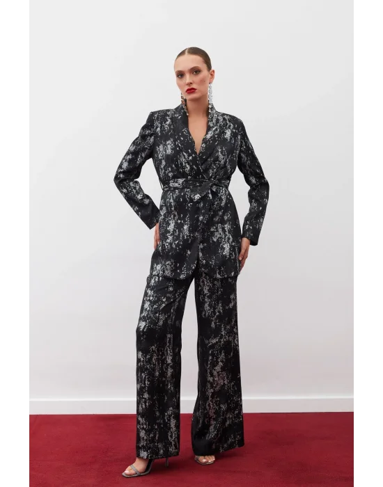 Parlak Desenli Salaş Pantolon - SİYAH-GÜMÜŞ