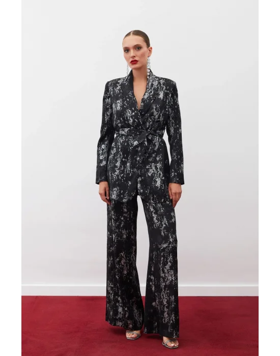 Parlak Desenli Salaş Pantolon - SİYAH-GÜMÜŞ