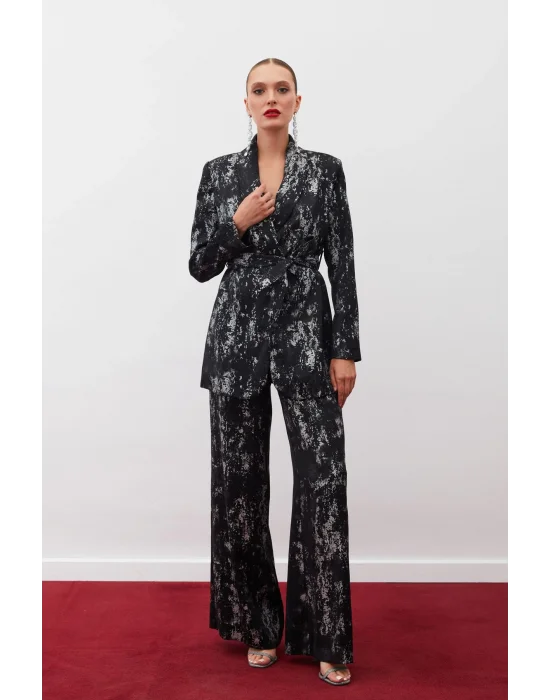 Parlak Desenli Salaş Pantolon - SİYAH-GÜMÜŞ