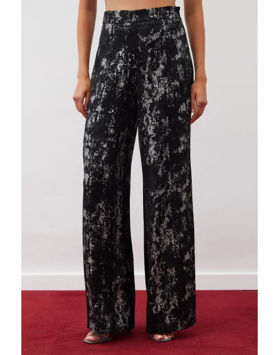 Parlak Desenli Salaş Pantolon - SİYAH-GÜMÜŞ
