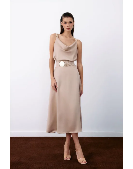 Kemer Aksesuarlı Kloş Etek - BEJ
