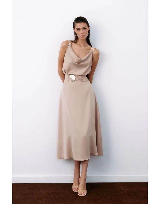 Kemer Aksesuarlı Kloş Etek - BEJ