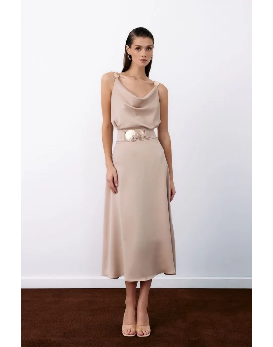 Kemer Aksesuarlı Kloş Etek - BEJ