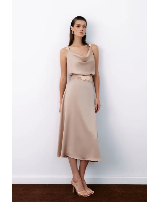 Kemer Aksesuarlı Kloş Etek - BEJ