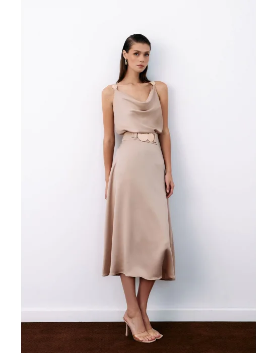 Kemer Aksesuarlı Kloş Etek - BEJ