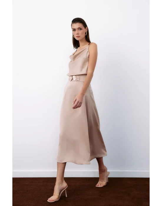 Kemer Aksesuarlı Kloş Etek - BEJ