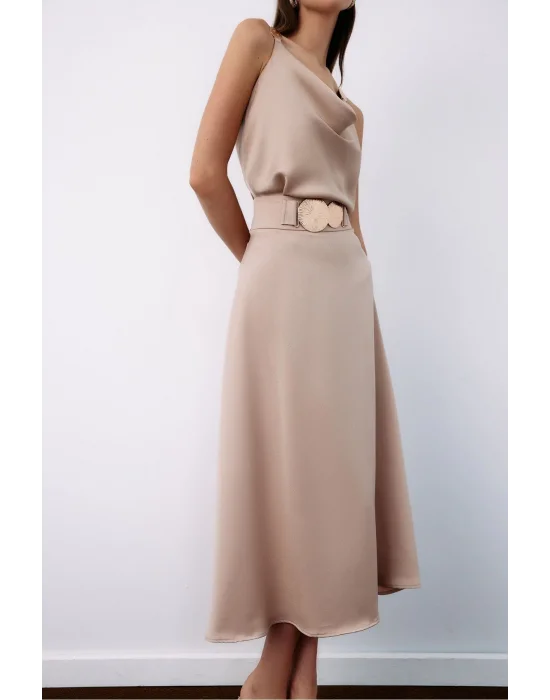 Kemer Aksesuarlı Kloş Etek - BEJ