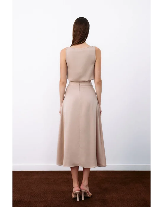 Kemer Aksesuarlı Kloş Etek - BEJ