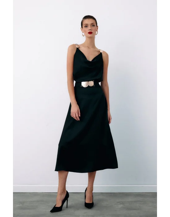 Kemer Aksesuarlı Kloş Etek - SİYAH