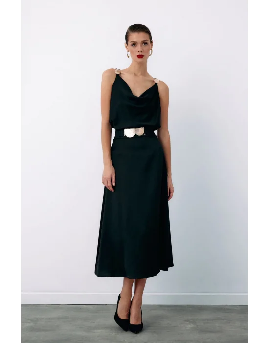 Kemer Aksesuarlı Kloş Etek - SİYAH