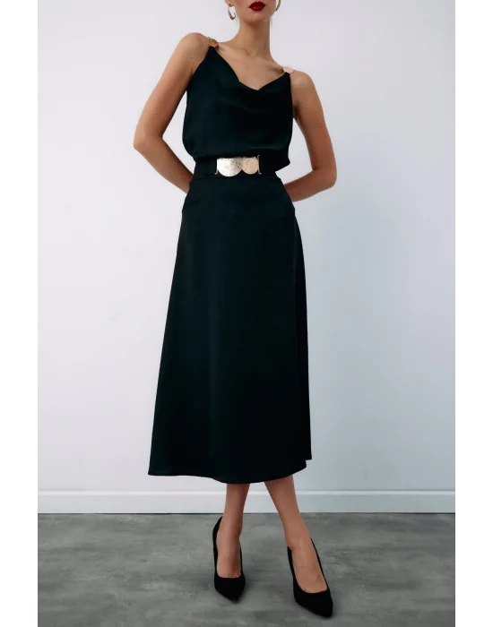 Kemer Aksesuarlı Kloş Etek - SİYAH