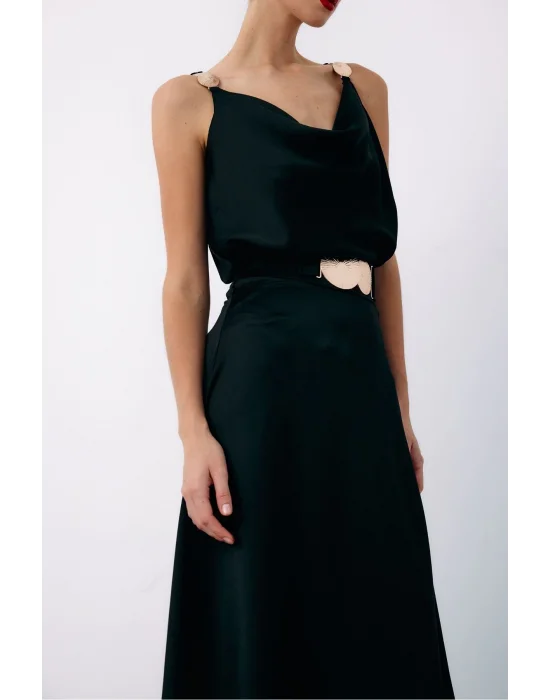 Kemer Aksesuarlı Kloş Etek - SİYAH