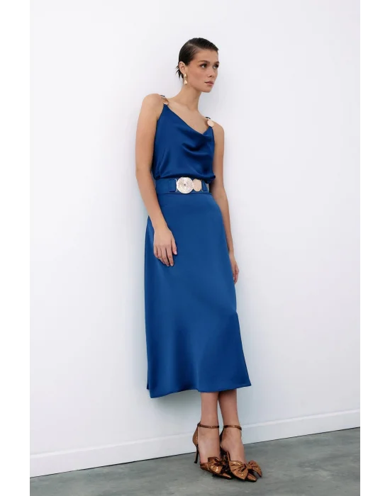 Kemer Aksesuarlı Kloş Etek - LACİVERT