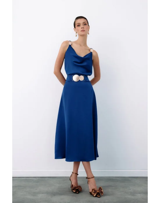 Kemer Aksesuarlı Kloş Etek - LACİVERT