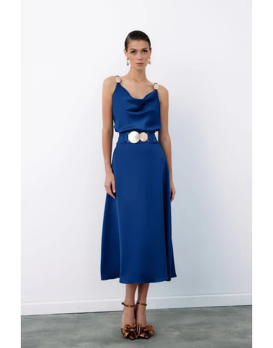 Kemer Aksesuarlı Kloş Etek - LACİVERT