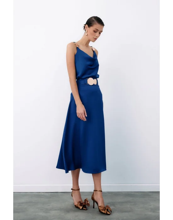 Kemer Aksesuarlı Kloş Etek - LACİVERT