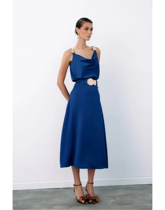 Kemer Aksesuarlı Kloş Etek - LACİVERT