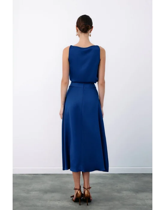 Kemer Aksesuarlı Kloş Etek - LACİVERT