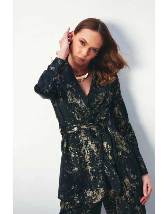 Parlak Desenli Kuşaklı Uzun Ceket - SİYAH