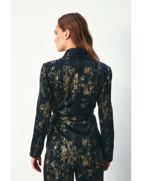 Parlak Desenli Kuşaklı Uzun Ceket - SİYAH