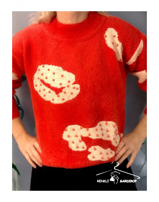 R&G Kadın Tüylü Turuncu İnci Detaylı  Kazak