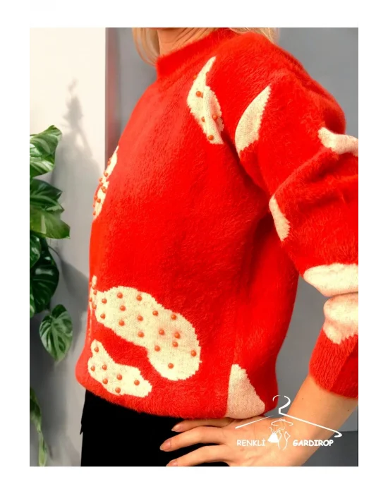 R&G Kadın Tüylü Turuncu İnci Detaylı  Kazak