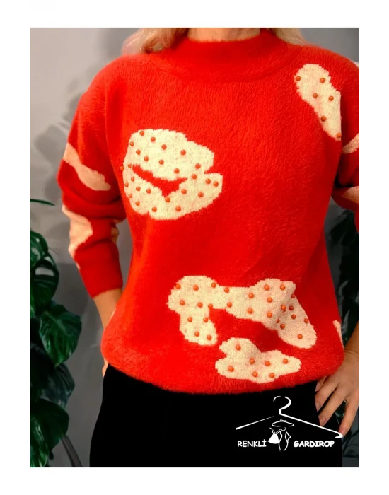 R&G Kadın Tüylü Turuncu İnci Detaylı  Kazak