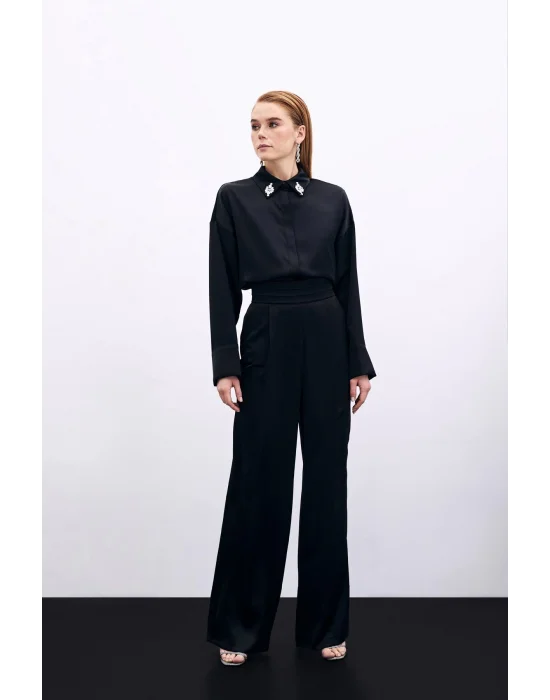 Cepli Salaş Saten Pantolon - SİYAH