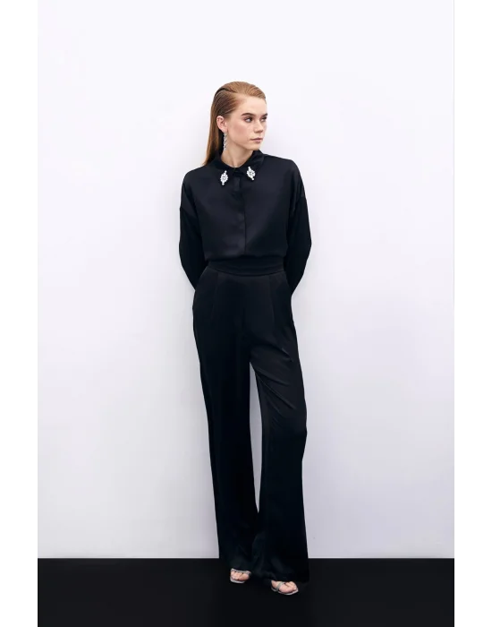 Cepli Salaş Saten Pantolon - SİYAH