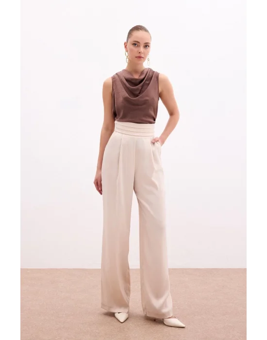 Cepli Salaş Saten Pantolon - Bej