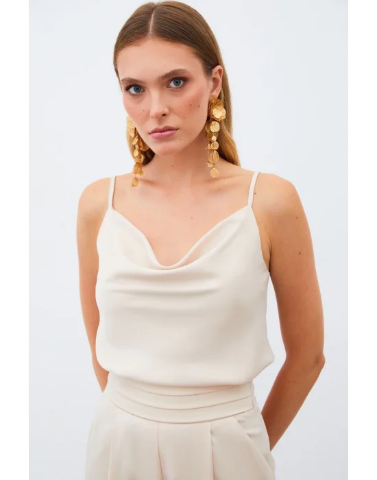 Degaje Yaka Saten Bluz - BEJ