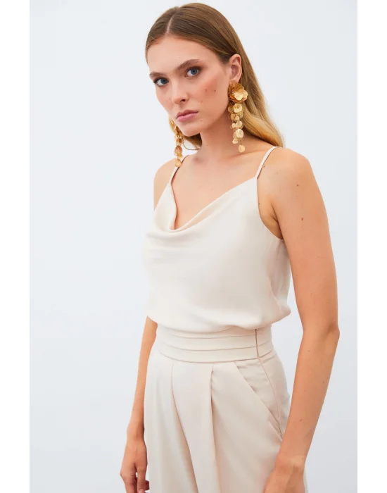 Degaje Yaka Saten Bluz - BEJ