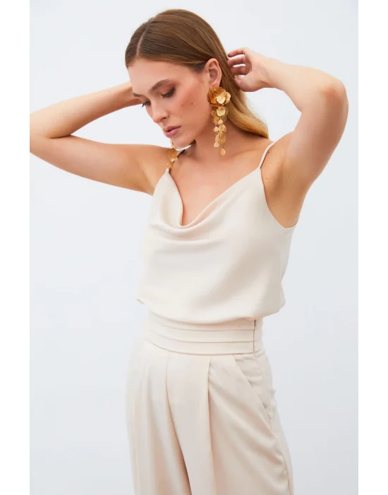 Degaje Yaka Saten Bluz - BEJ