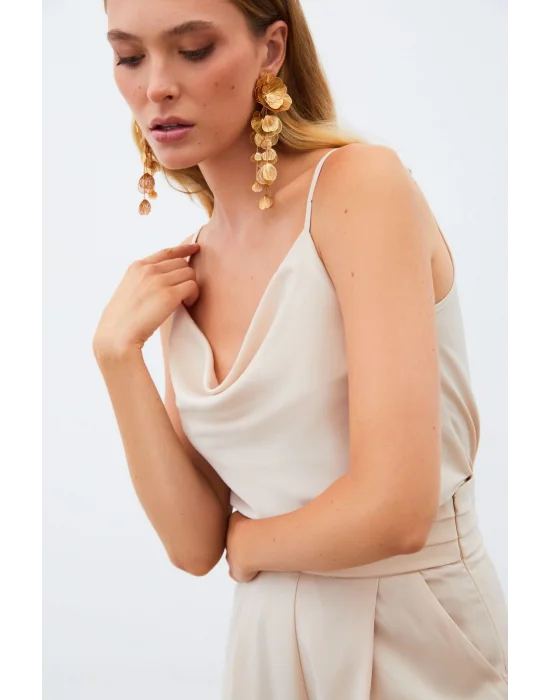 Degaje Yaka Saten Bluz - BEJ