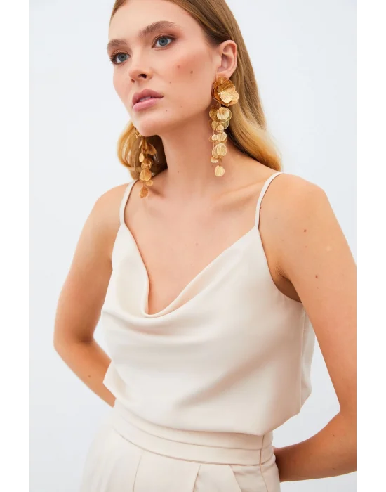 Degaje Yaka Saten Bluz - BEJ