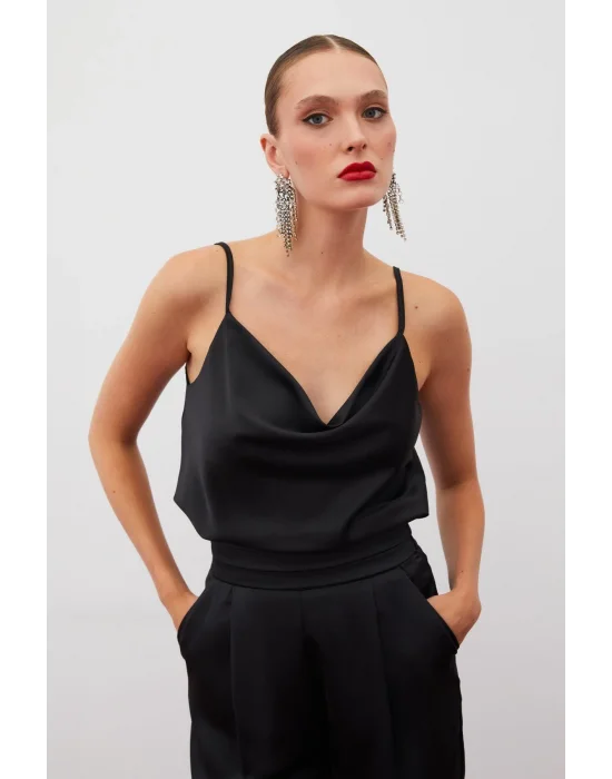 Degaje Yaka Saten Bluz - Siyah