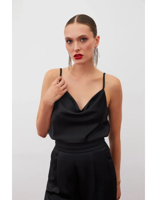 Degaje Yaka Saten Bluz - Siyah